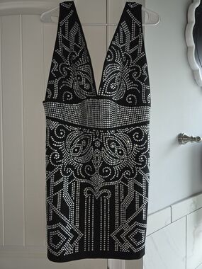 Akira- Black Rhinestone Plunge Bodycon Dress- 1X